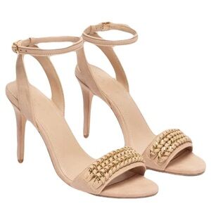 SANDRO NINA CHAIN-TRIMMED SUEDE SANDALS IN NEUTRAL